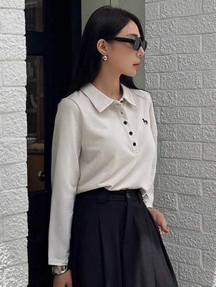 Krem Tek Boynuzlu At Baskılı Polo Yaka Düğmeli Uzun Kol Tshirt