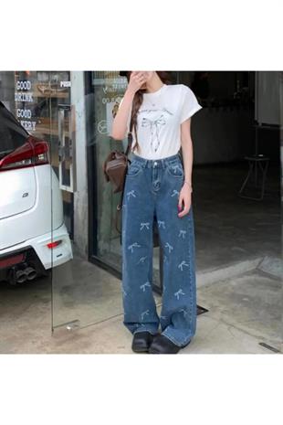 Kurdele Detaylı Mavi Unisex Jean