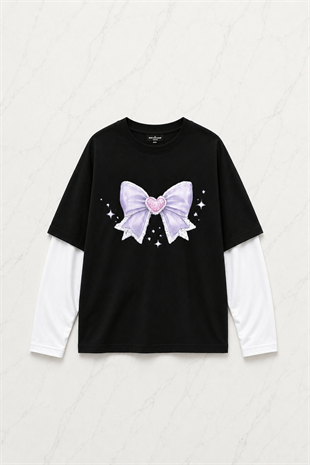 Kurdele Pink Baskılı Siyah Reglan Kol Uzun T-shirt