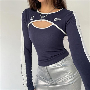 Lacivert A The Star Beyaz Şeritli Parçalı Uzun Kollu Crop