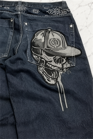 Lacivert Back Side Skull Head Salaş Baggy Kot Pantolon