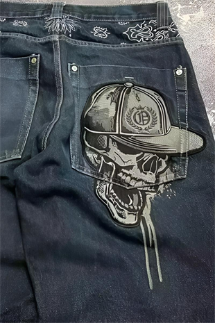 Lacivert Back Side Skull Head Salaş Baggy Kot Pantolon