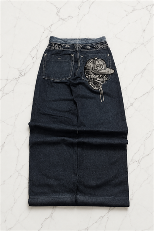 Lacivert Back Side Skull Head Salaş Baggy Kot Pantolon