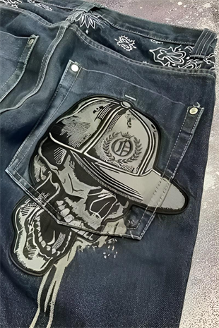 Lacivert Back Side Skull Head Salaş Baggy Kot Pantolon