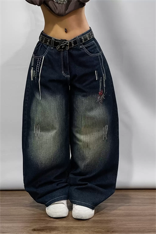 Lacivert D2T Vintage Yıkamalı Baggy Y2K Pantolon