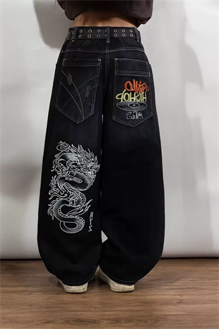 Lacivert Dragon Vintage Yıkamalı Baggy Y2K Pantolon