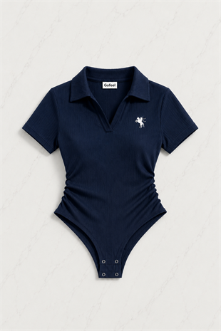 Lacivert Fit Polo Yaka Bodysuit Şort Takım