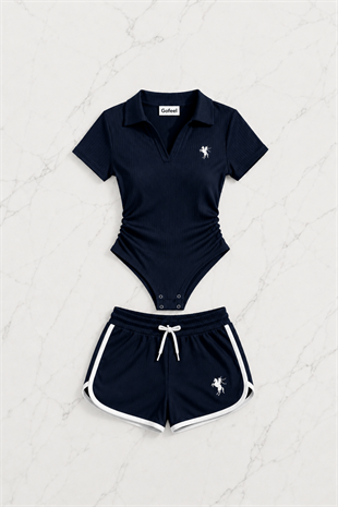 Lacivert Fit Polo Yaka Bodysuit Şort Takım