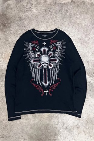 Lacivert Gotik Skull Cross Motifli Dikiş Detaylı Y2K Unisex Sweatshirt