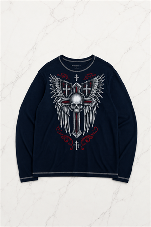 Lacivert Gotik Skull Cross Motifli Dikiş Detaylı Y2K Unisex Sweatshirt
