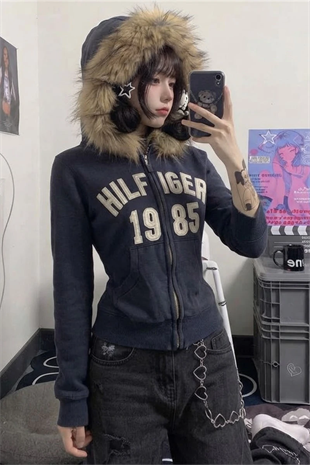Lacivert Hilfiger 1985 Kürk Detaylı Y2K Kapüşonlu Crop Hırka