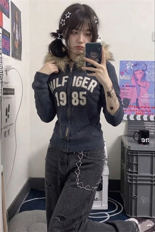 Lacivert Hilfiger 1985 Kürk Detaylı Y2K Kapüşonlu Crop Hırka