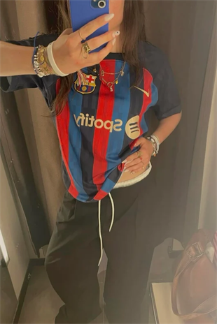 Lacivert Kırmızı Çubuklu Barcelona Jersey T-Shirt