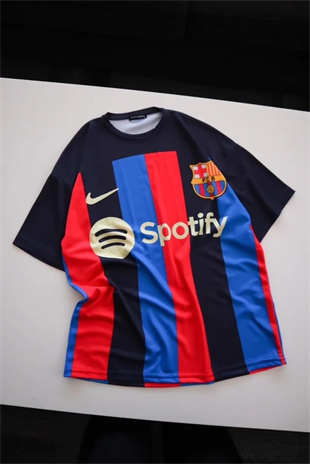 Lacivert Kırmızı Çubuklu Barcelona Jersey T-Shirt