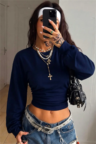 Lacivert LOOC Corset Uzun Kollu Beli Büzgülü Bluz