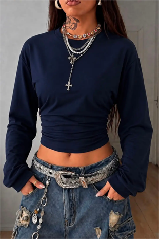Lacivert LOOC Corset Uzun Kollu Beli Büzgülü Bluz