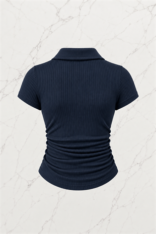 Lacivert Polo Yaka Fitilli Likralı Bluz