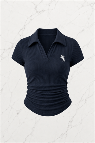 Lacivert Polo Yaka Fitilli Likralı Bluz