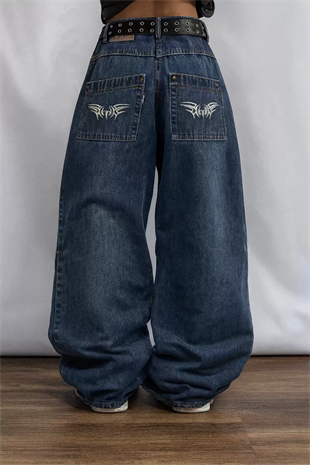 Lacivert Retro Yıkamalı Harajuku Baggy Y2K Pantolon