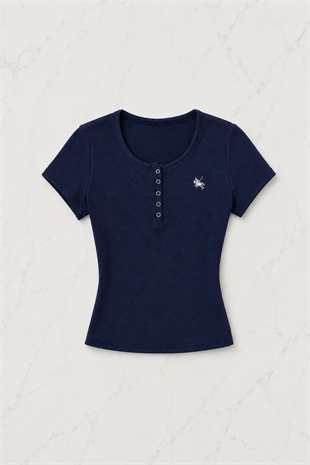 Lacivert Soft Detaylı Nakışlı Çıtçıtlı Bluz