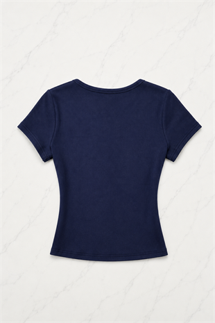 Lacivert Soft Detaylı Nakışlı Çıtçıtlı Bluz