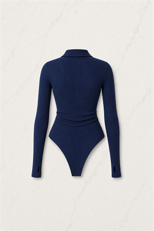 Lacivert Steed Polo Yaka Parmak Geçirme Detaylı Bluz
