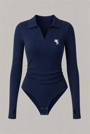 Lacivert Steed Polo Yaka Parmak Geçirme Detaylı Bluz