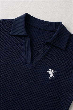 Lacivert Steed Polo Yaka Parmak Geçirme Detaylı Bluz