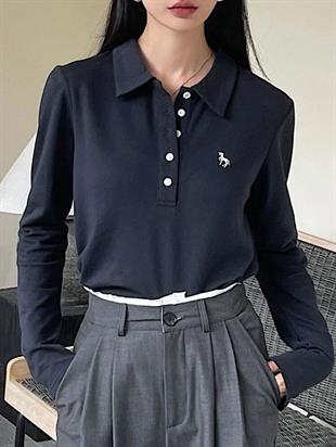 Lacivert Tek Boynuzlu At Baskılı Polo Yaka Düğmeli Uzun Kol Tshirt