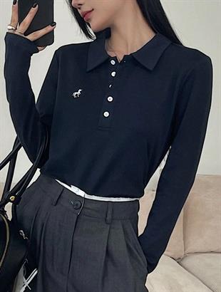Lacivert Tek Boynuzlu At Baskılı Polo Yaka Düğmeli Uzun Kol Tshirt