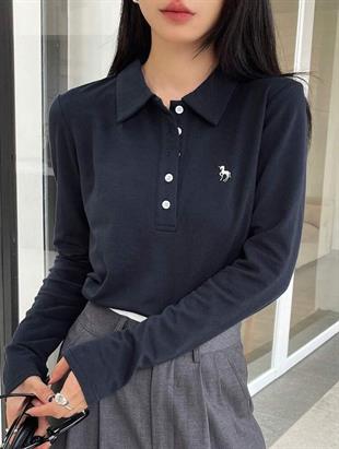 Lacivert Tek Boynuzlu At Baskılı Polo Yaka Düğmeli Uzun Kol Tshirt