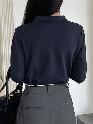 Lacivert Tek Boynuzlu At Baskılı Polo Yaka Düğmeli Uzun Kol Tshirt