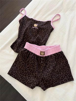Leopar Kiss Kahverengi Hello Kitty Alt Üst Takım