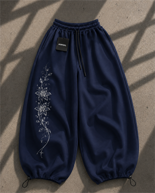 Long Flower Detaylı Baggy Unisex Eşofman Altı