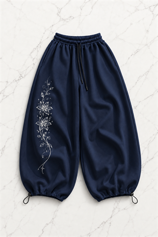 Long Flower Detaylı Baggy Unisex Eşofman Altı