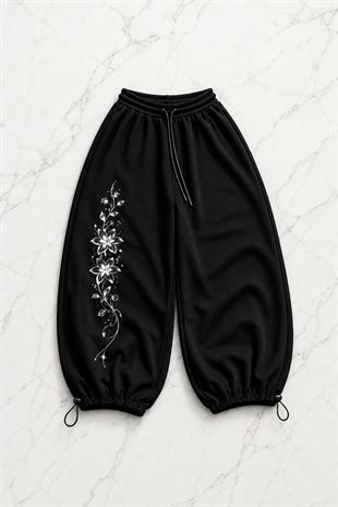 Long Flower Detaylı Baggy Unisex Eşofman Altı
