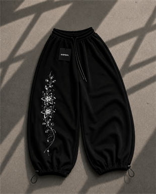 Long Flower Detaylı Baggy Unisex Eşofman Altı