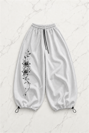 Long Flower Detaylı Baggy Unisex Eşofman Altı