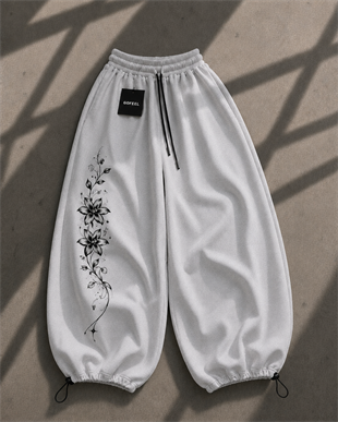 Long Flower Detaylı Baggy Unisex Eşofman Altı