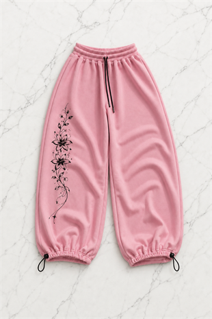 Long Flower Detaylı Baggy Unisex Eşofman Altı