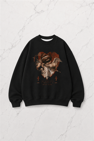 Love Angel Baskılı Siyah Unisex Oversize Bisiklet Yaka Sweatshirt