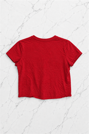 Love Bombing Baskılı Kırmızı Crop Bluz