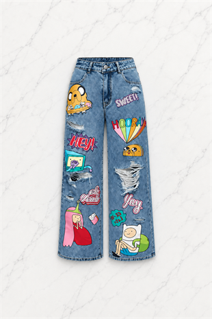 Mavi Adventure Time Finn ve Jake Harajuku Y2K Baggy Pantolon