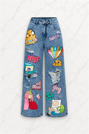 Mavi Adventure Time Finn ve Jake Harajuku Y2K Baggy Pantolon