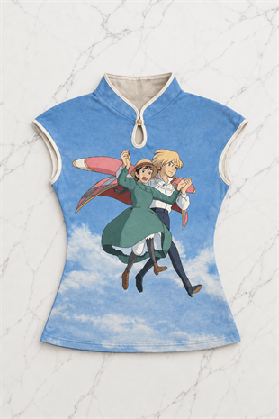 Mavi Anime Ghibli Vintage Y2K Kısa Kollu Crop