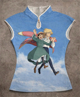 Mavi Anime Ghibli Vintage Y2K Kısa Kollu Crop