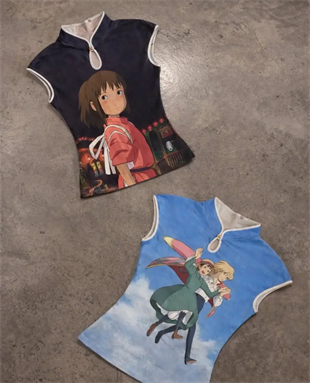 Mavi Anime Ghibli Vintage Y2K Kısa Kollu Crop