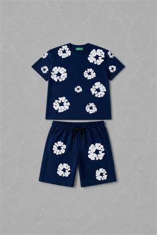 Mavi Çiçek Detaylı Oversize T-shirt & Şort Takım