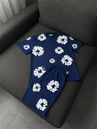 Mavi Çiçek Detaylı Oversize T-shirt & Şort Takım