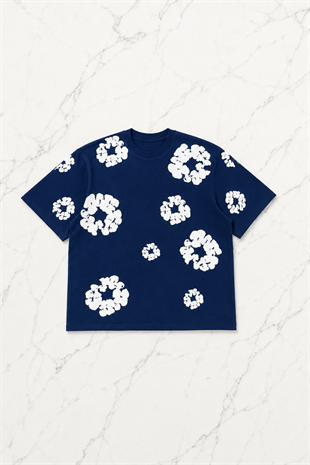 Mavi Çiçek Detaylı Oversize T-shirt & Şort Takım